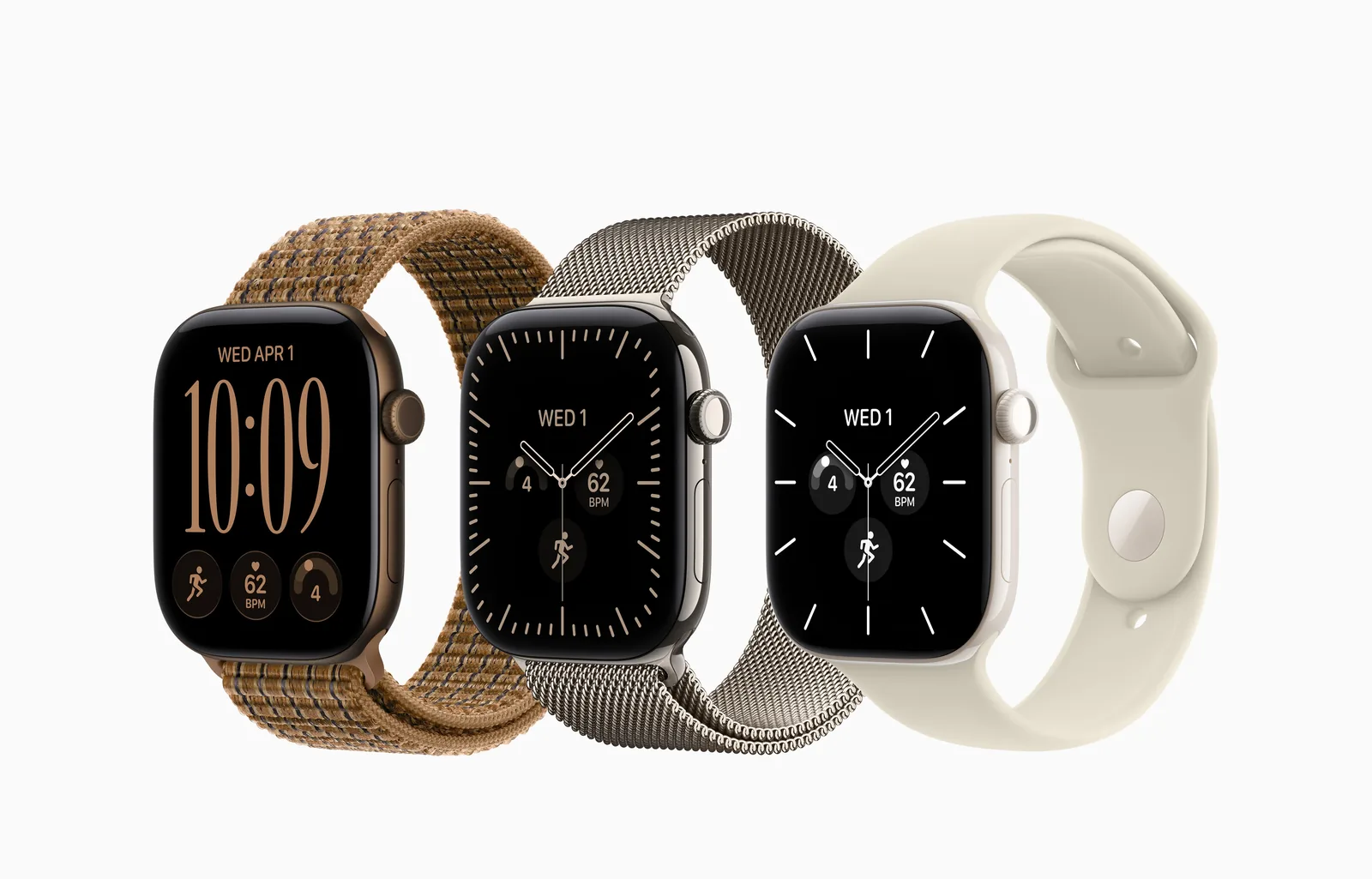 Trzy zegarki Apple Watch Series 12 z paskiem plecionym, mediolańskim i sportowym