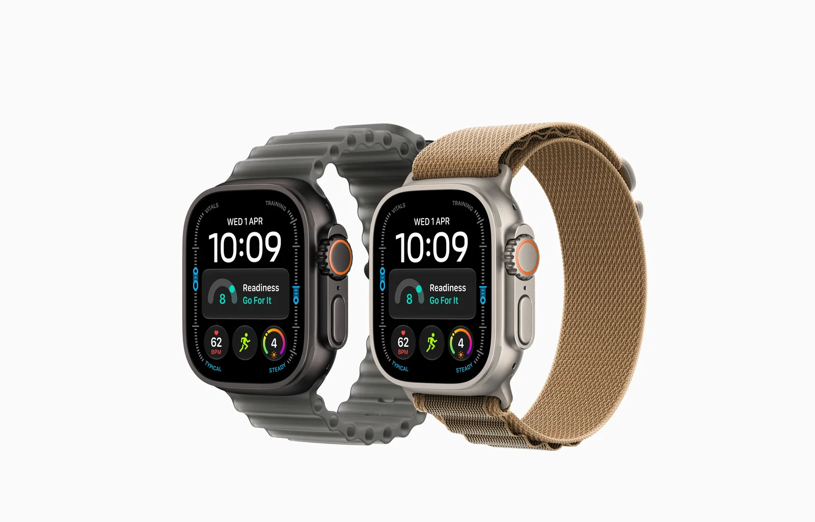 Dwa zegarki Apple Watch Ultra 4 w tytanowych kopertach, z paskiem Ocean i Alpine