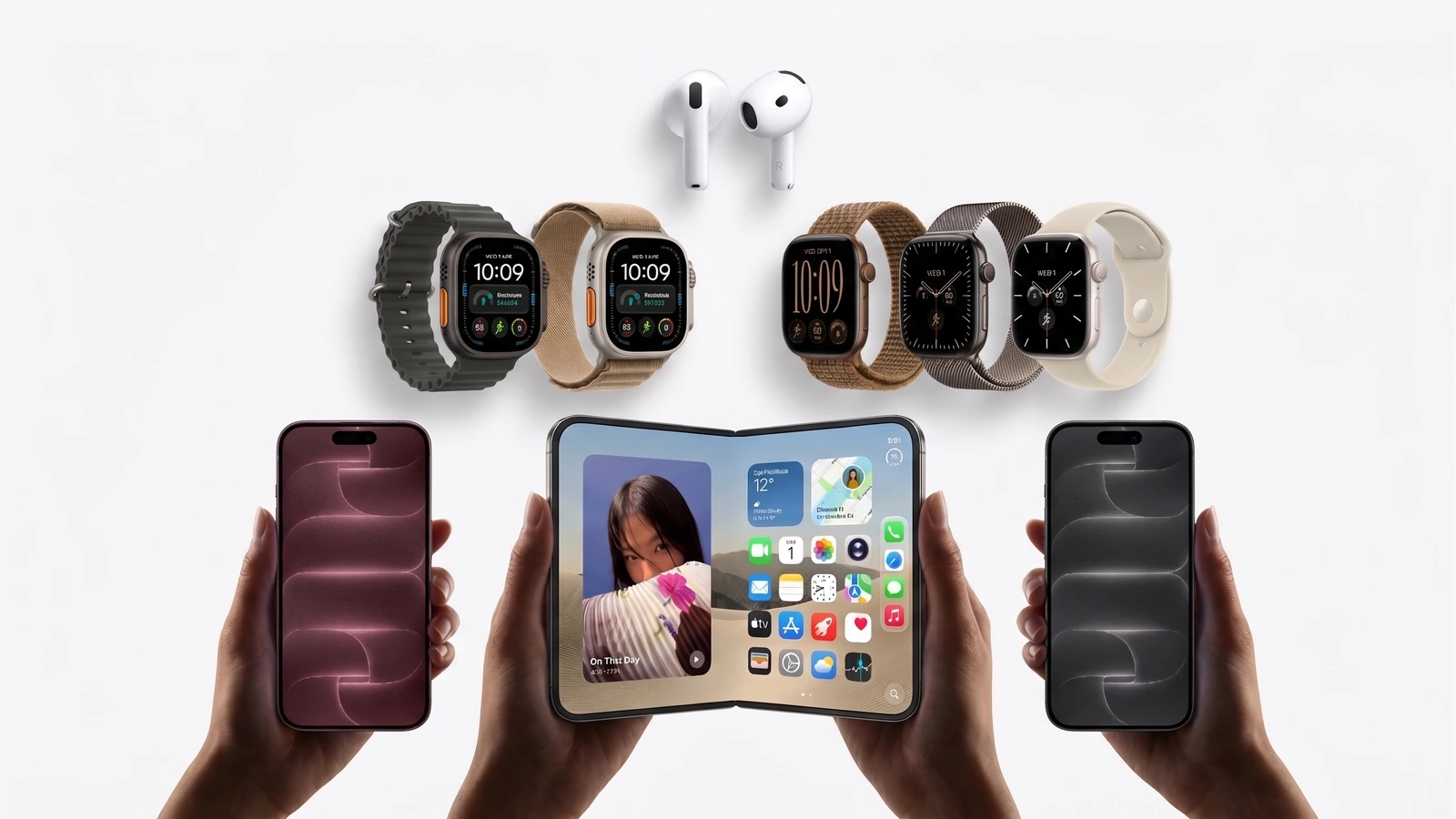 Nowości Apple na jednym kadrze: AirPods 5, Apple Watch Ultra 4 i Series 12 oraz trzy iPhone'y, w tym rozłożony iPhone Duo